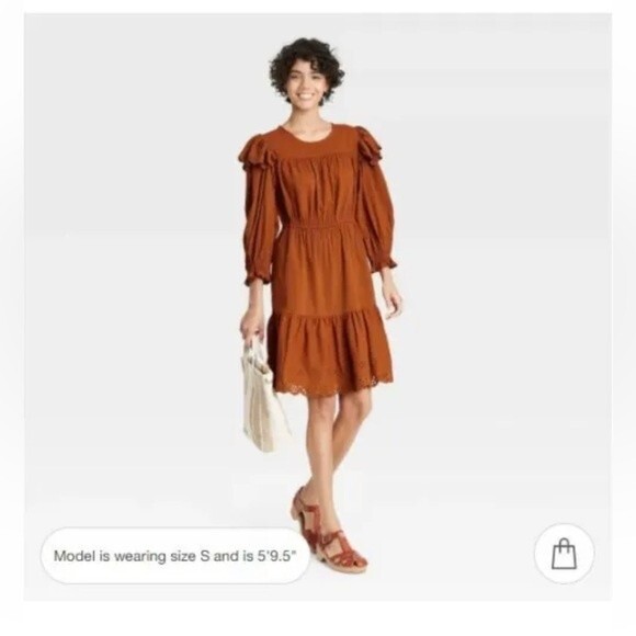 Rust Prairie Eyelet Ruffled Dress Universal Threads Large Pockets Cotton Blend - Picture 1 of 14